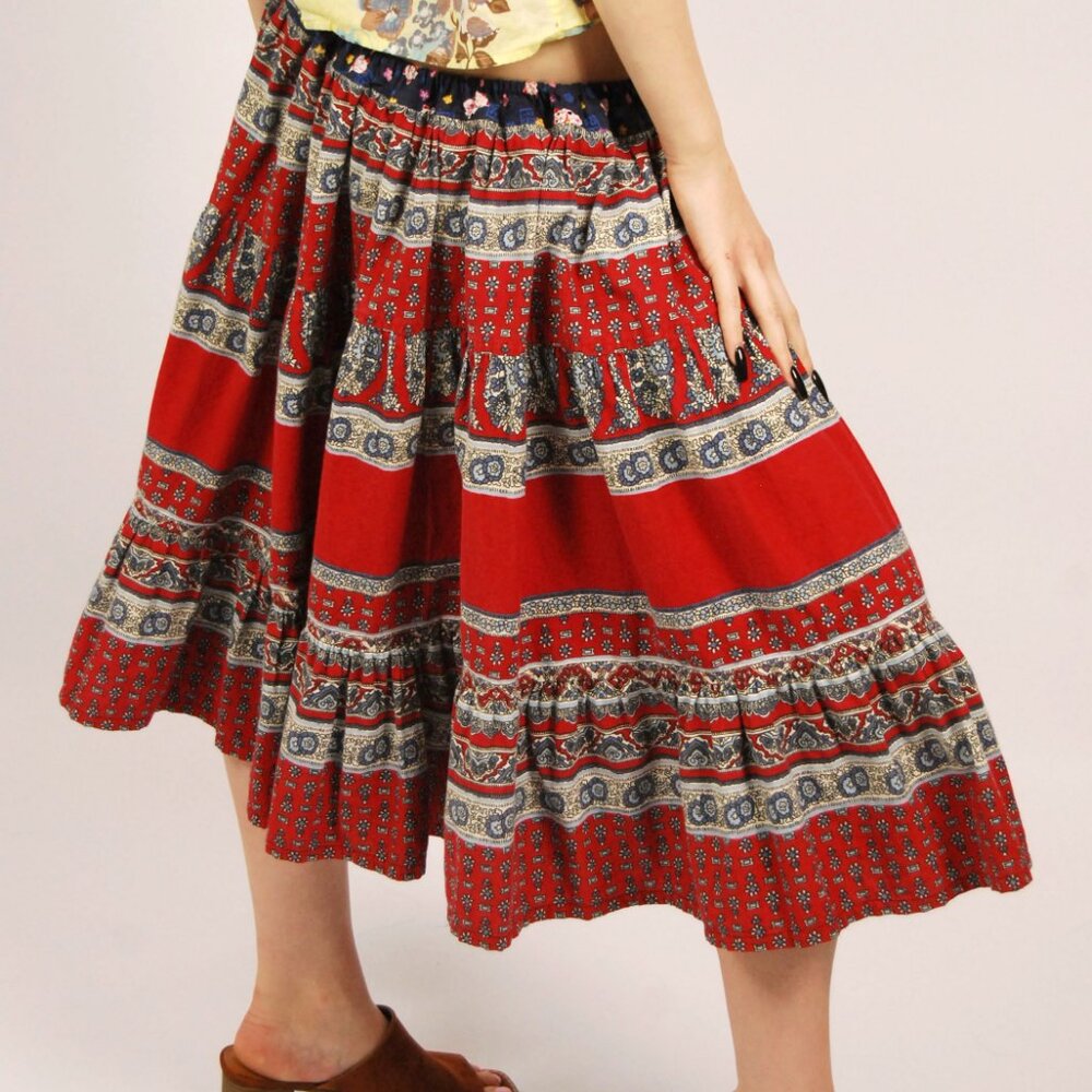 70s Peasant Midi Skirt (M) medium red blue vintage floral print boho hippie cute - Picture 6 of 7